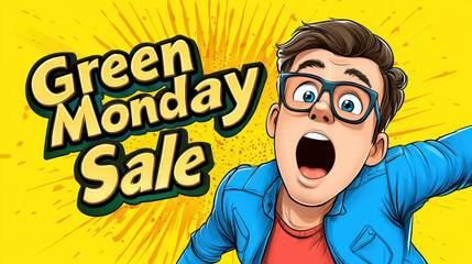 Green Monday Sale promotion with excited young man on yellow background