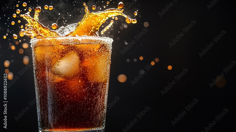 Poster 45-degree topview isolated on background a whiskey glass with a splash of caramel-colored liquid and