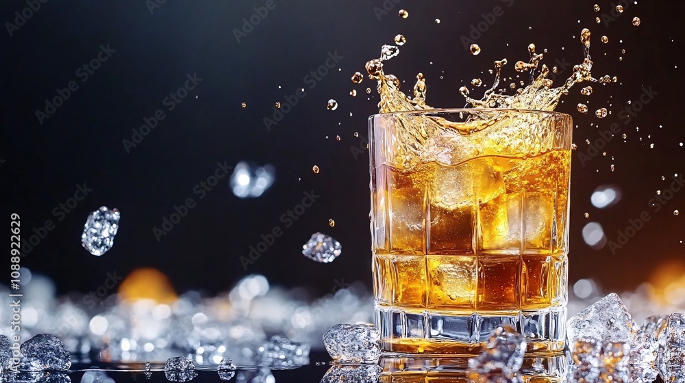 Poster 45-degree topview isolated on background a whiskey glass with a splash of caramel-colored liquid and