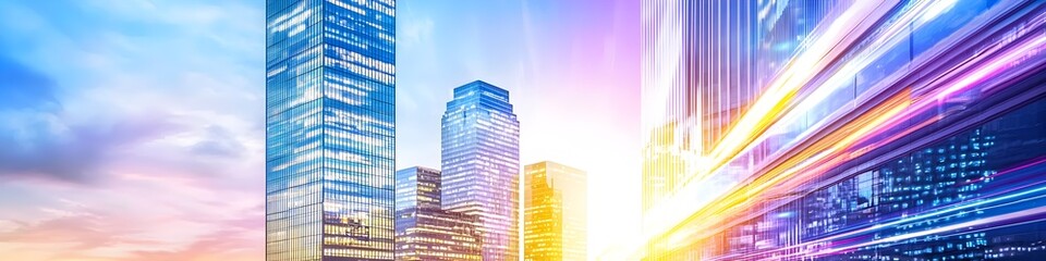 A vibrant cityscape of Texas at dusk, showcasing the iconic landmark with high-rise buildings . The sky is painted with hues of blue and purple as the sun sets behind them, casting long shadows on