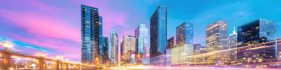 Obraz premium A vibrant cityscape of Texas at dusk, showcasing the iconic landmark with high-rise buildings . The sky is painted with hues of blue and purple as the sun sets behind them, casting long shadows on