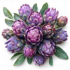 Fototapeta premium green and purple artichoke flower buds pattern, top view with a white accent, vintage, png