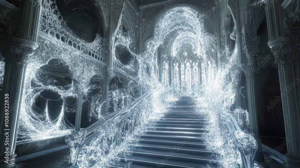 Poster white staircase with glowing steps ascending to an intricately designed gate surrounded by light-fil
