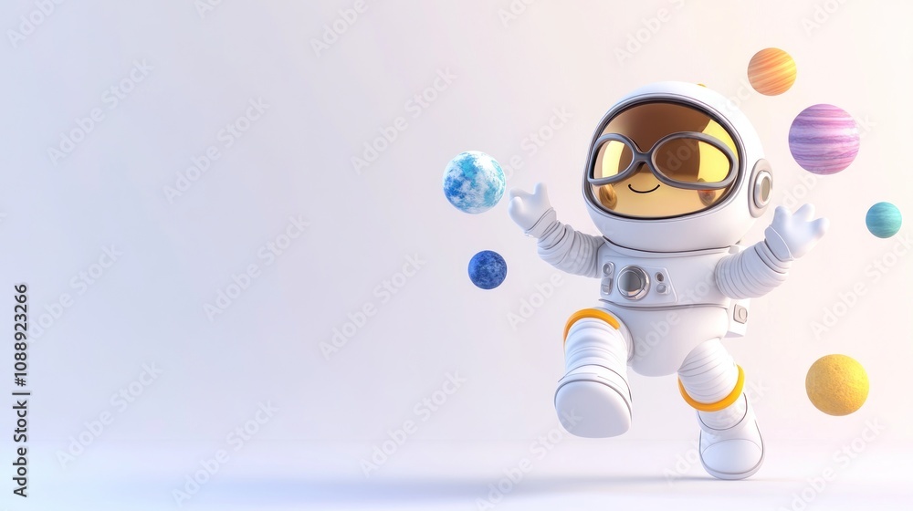 Aufkleber a cheerful cartoon astronaut plays with colorful planets in a whimsical space setting.
