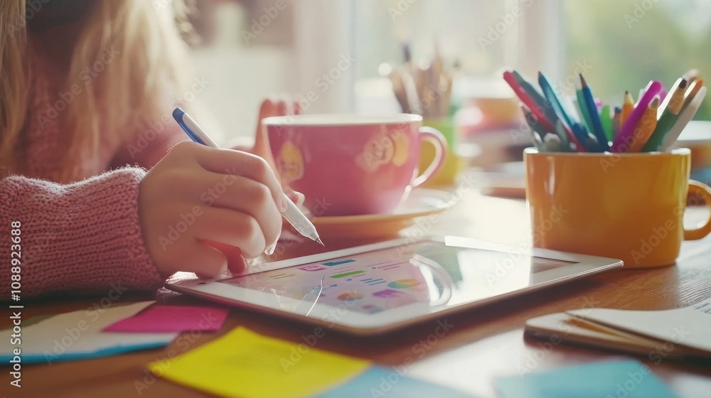 Aufkleber a person using a tablet to create or design, surrounded by colorful stationery and drinks.