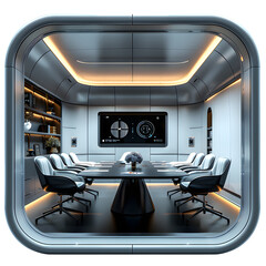 a virtual conference room that utilizes 5g speeds for crystal clear audio and video creating a realistic and smooth virtual meeting experience with a white accent, minimalism, png