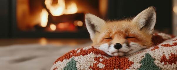 Baby fox wrapped snugly in a knitted blanket with festive designs, lying near a glowing fireplace