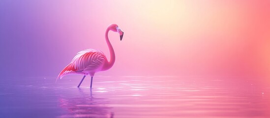 Fototapeta premium A serene pink flamingo stands gracefully in calm waters, surrounded by soft, colorful light.
