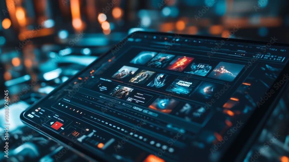 Fototapete A user interacts with a sleek tablet displaying an array of film and game options in a dimly lit, high-tech environment. The vibrant colors and futuristic design enhance the immersive experience.