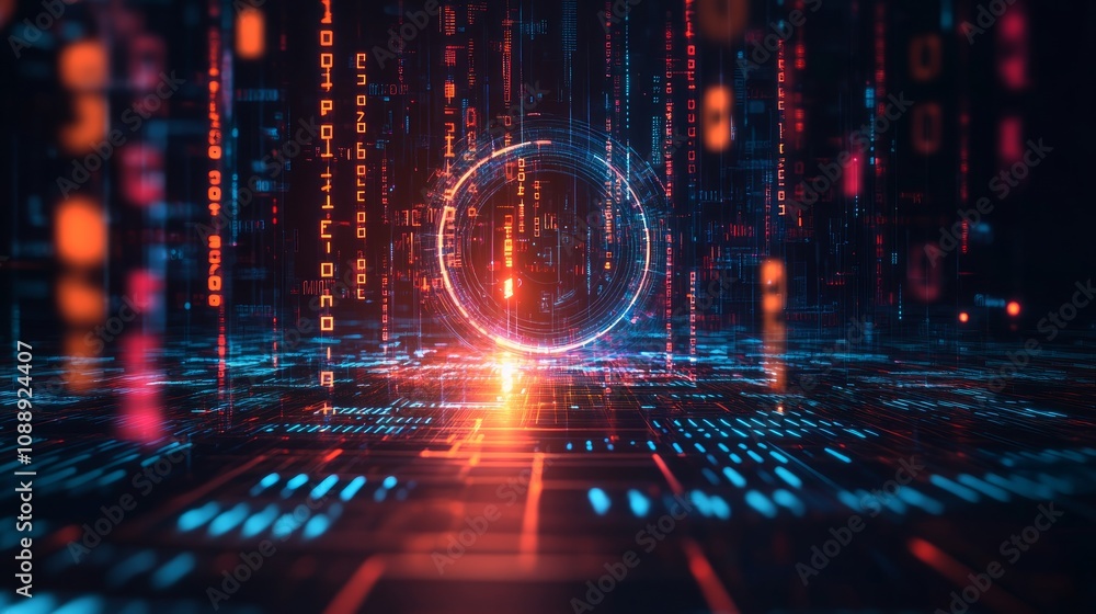 Poster futuristic digital landscape with glowing circle and binary code.