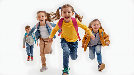 happy school kids running in corridor with a white accent, png
