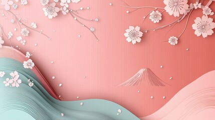 abstract background made from paper cut. paper layer shape are sakura blossom, sakura tree, sun,  and a Fuji mountain in Japan