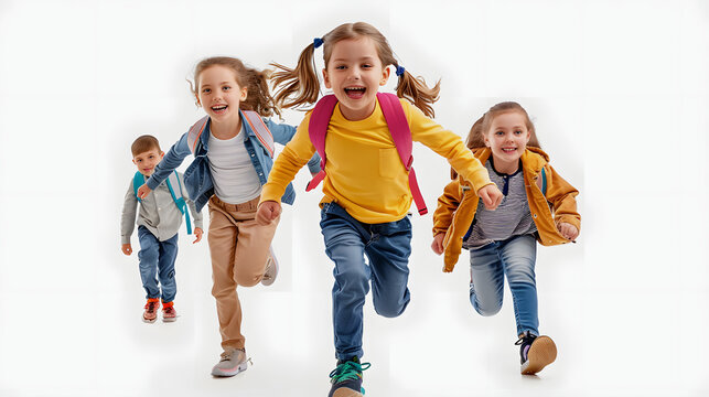 happy school kids running in corridor with a white accent, png