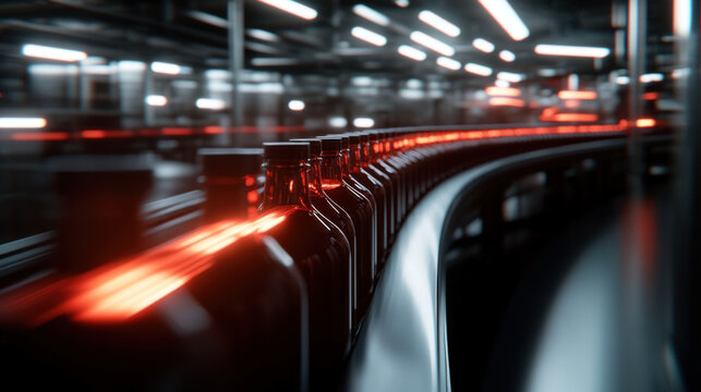 High speed bottling line for beverages with illuminated bottles in motion. dynamic scene captures efficiency and technology of modern production