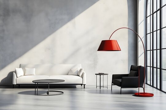 Stylish Living Room with White Sofa, Red Lamp, and Sunbeams