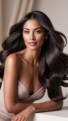 Fototapeta premium Radiant Latina Model with Long, Flowing Hair in Studio Photography