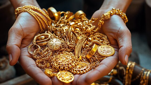 Hands Holding Gold Jewelry and Coins
