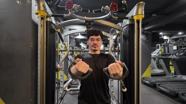 Handsome, Well-Toned Man Wearing Glasses Performing Cable Lower-Chest Raise Crossover for Chest Development, Demonstrating Fitness Dedication with Cable Fly Machine in Gym Workout