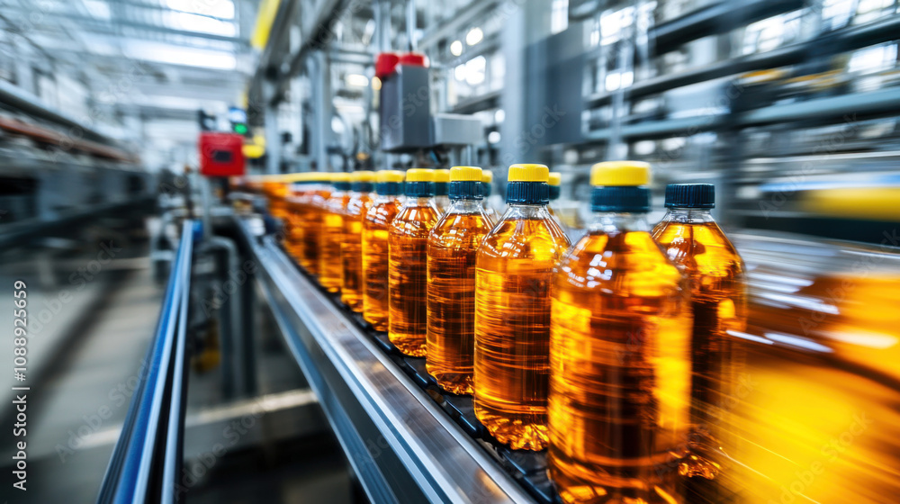Poster high speed bottling line for beverages with orange bottles in motion. production process showcases e