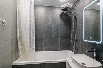 interior apartment room bathroom, sink, decorative elements, toilet. WC, sanitary unit, wash room