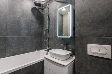 interior apartment room bathroom, sink, decorative elements, toilet. WC, sanitary unit, wash room