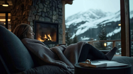 Fototapeta premium Woman relaxing on a couch by a fireplace in a cozy cabin with a snowy mountain view through large windows.