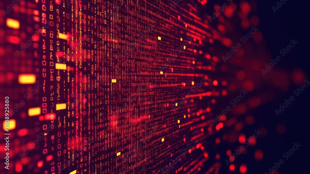 Poster Abstract digital representation of data streams in red and orange hues.