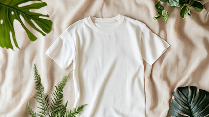 white eco friendly shirt is displayed on natural linen backdrop, surrounded by green leaves, creating fresh and sustainable vibe