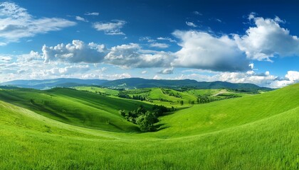 Fototapeta premium green hills meadows under blue sky white clouds panorama ai generative