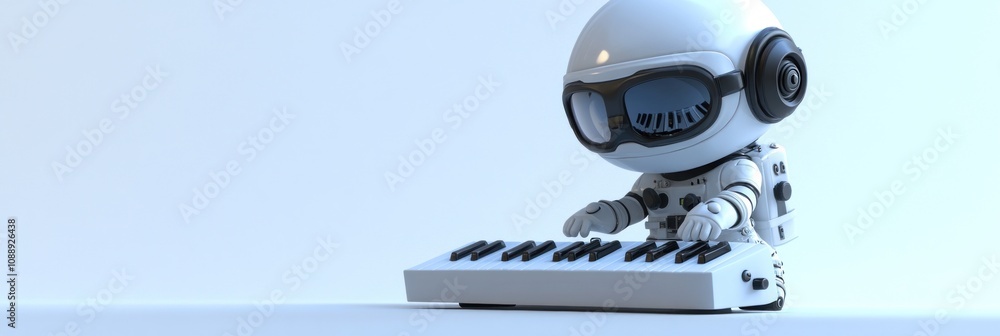 Poster a small astronaut figure playing a keyboard in a minimalist setting.