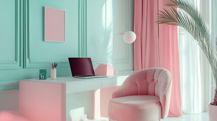 Pastel colored walls white desk with a laptop and a cozy armchair nearby soft and inviting Copy space