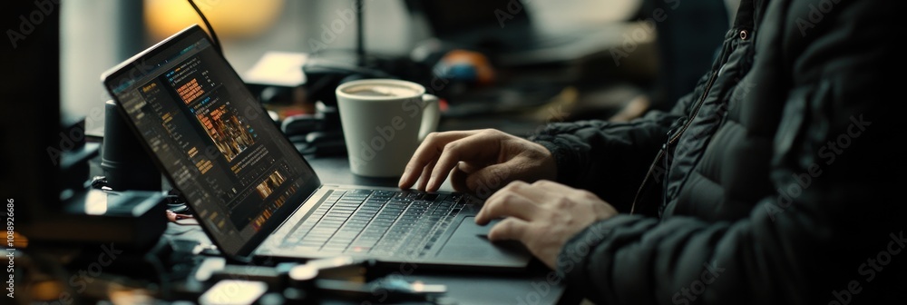 Poster a person working on a laptop with a coffee cup in a busy workspace.