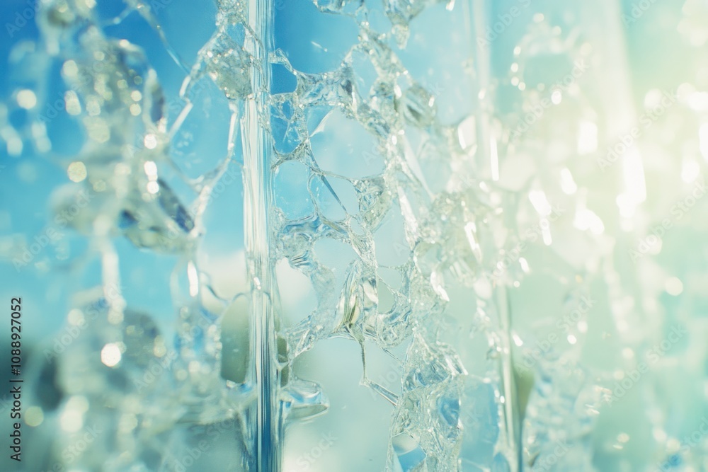 Poster Close-up of water droplets creating a shimmering effect against a bright background.