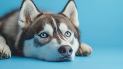 Obraz premium A close-up of a resting Siberian Husky with striking blue eyes on a blue background.