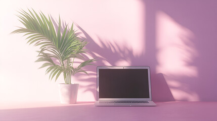 Pastel lavender background with a laptop and green plant creating a calm and soothing workspace Copy space