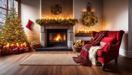 Cozy Holiday Living Room with Christmas Decor Presentation Background