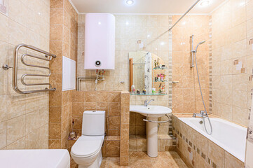 interior apartment room bathroom, sink, decorative elements, toilet. WC, sanitary unit, wash room
