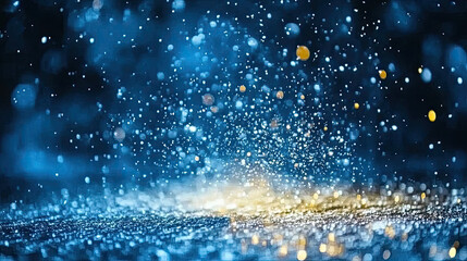 Beautiful winter snowy blurred defocused blue background and empty wooden flooring