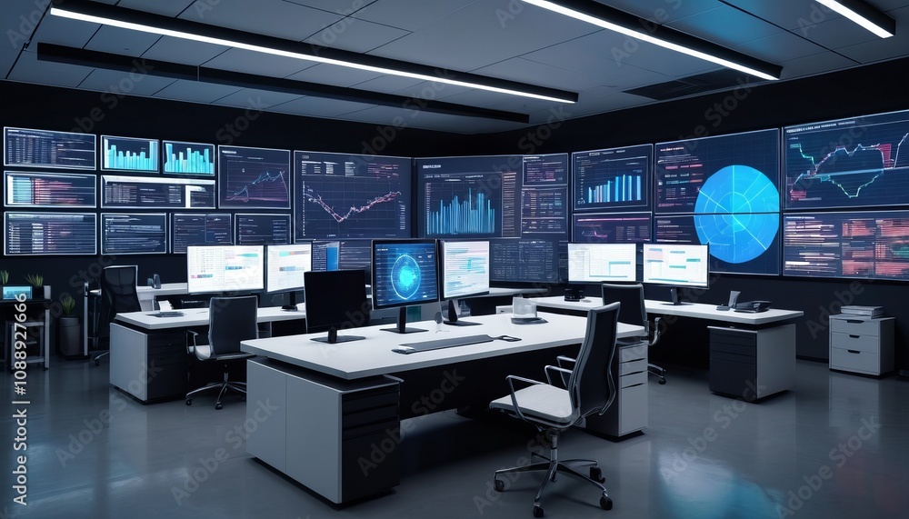 Poster modern control room with multiple screens and data analysis in a futuristic office environment