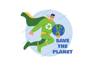 A superhero in a green suit and cape flies with the Earth in his hands. Vector illustration