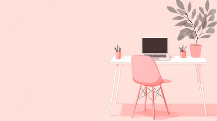 Fototapeta premium Pastel pink chair at a white desk with a laptop and plant minimalist home office setup Copy space