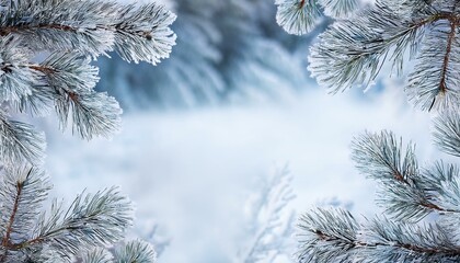 winter season background with frosted pine branches snowy backdrop