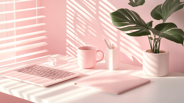 Pastel pink notebook small coffee mug and laptop on a bright white desk peaceful and airy setup Copy space