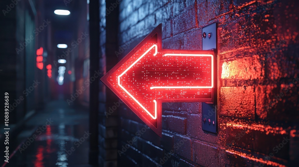 Poster digital arrow sign on a neon screen showing the direction to follow