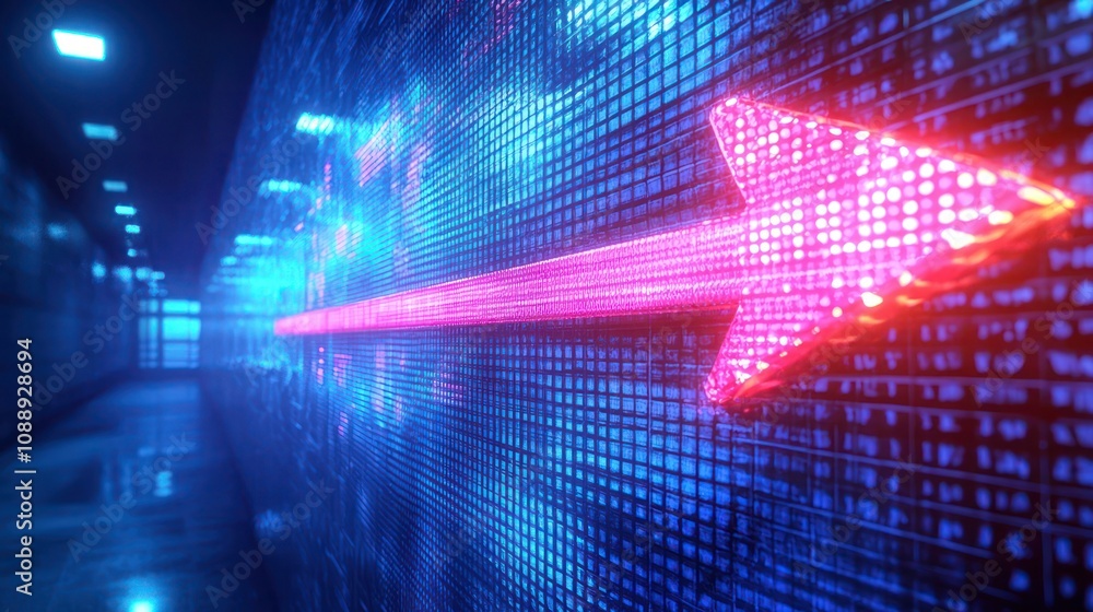 Poster digital arrow sign on a neon screen showing the direction to follow
