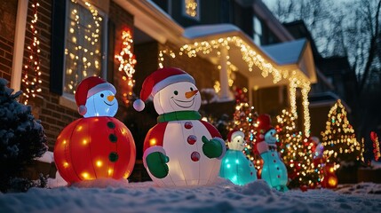 Festive winter celebration residential area outdoor decorations snowy environment nighttime viewpoint holiday spirit