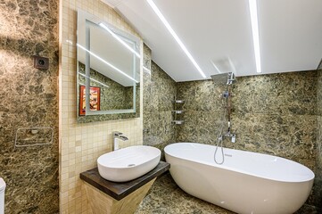 interior apartment room bathroom, sink, decorative elements, toilet. WC, sanitary unit, wash room