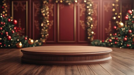Fototapeta premium Elegant Wooden Stage Surrounded by Christmas Decor