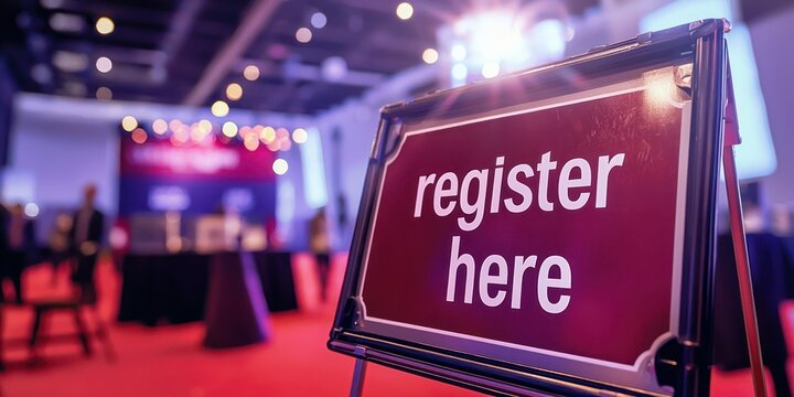 Event registration booth with a large "register here" sign