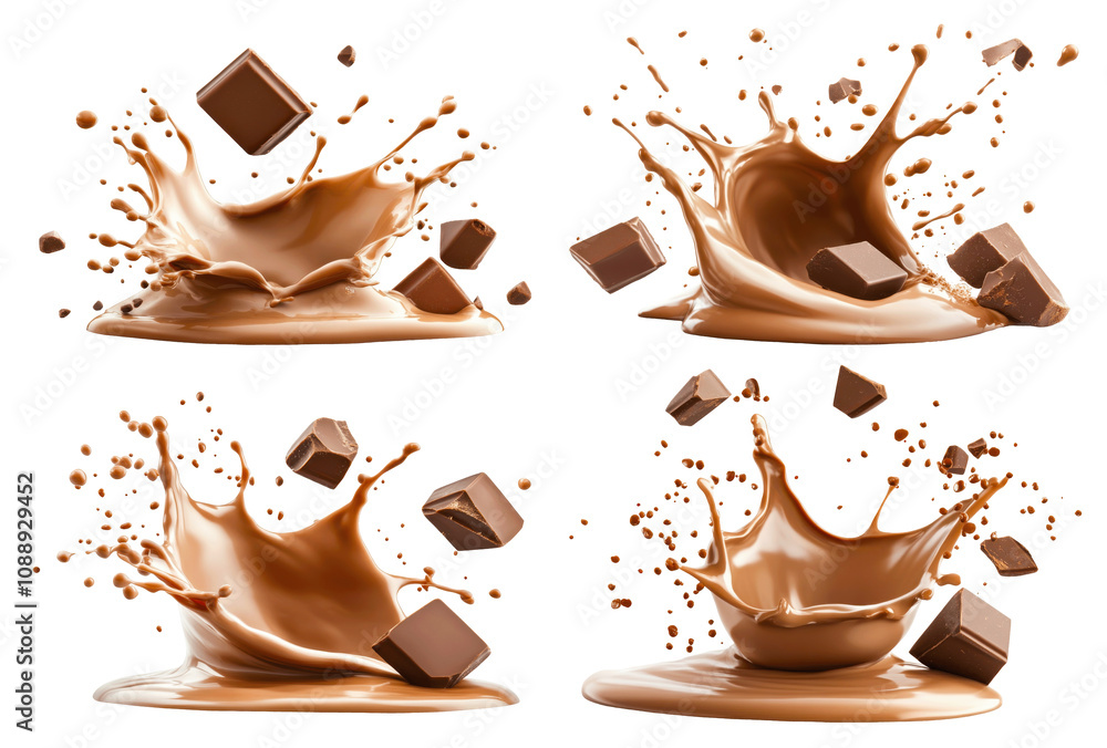 Poster set of chocolate splashes in different shapes on transparency background during creative composition